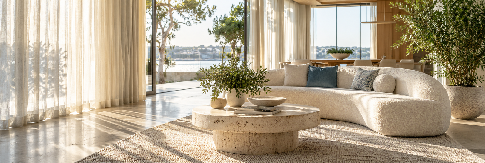 A beautifully clean contemporary home with natural light, cream furniture and green plants