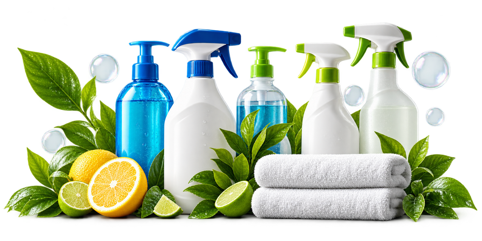 Cleaning bottles, citrus, green leaves and folded white towels