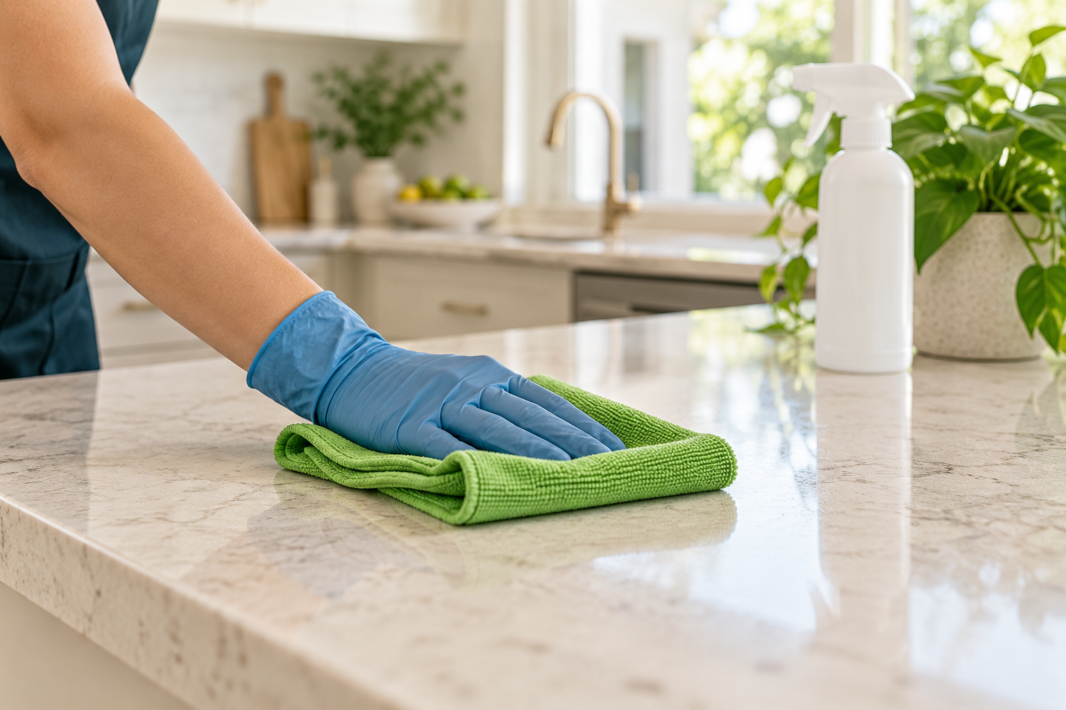 A gloved cleaner wiping a pale kitchen worktop with a green microfiber cloth