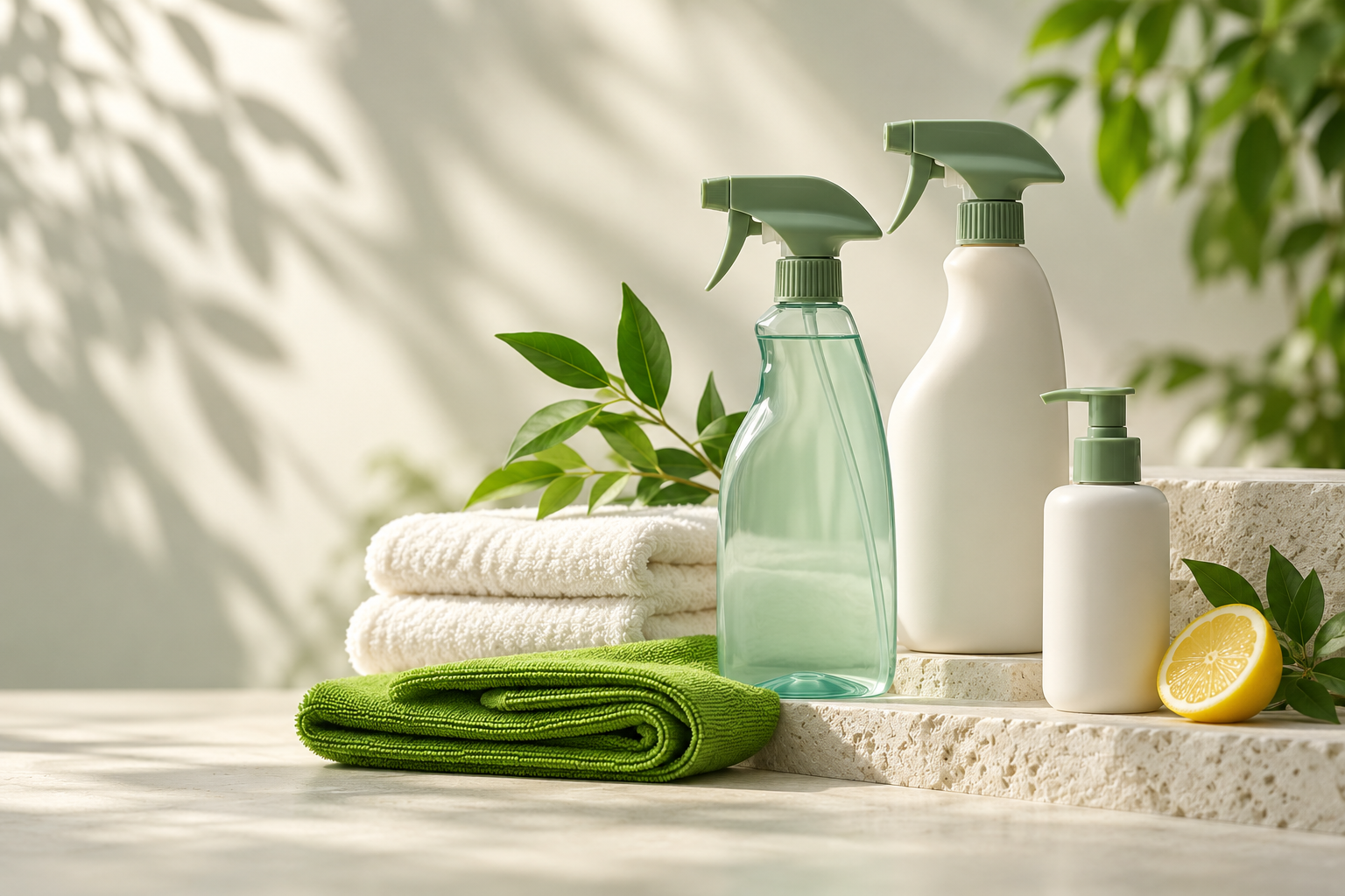 Unbranded cleaning bottles with green cloth, soft towels, fresh leaves and a lemon on pale stone display blocks