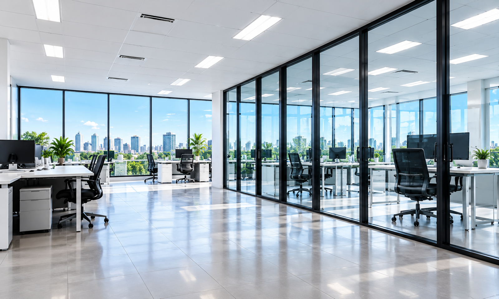 Spotless modern office with glass partitions