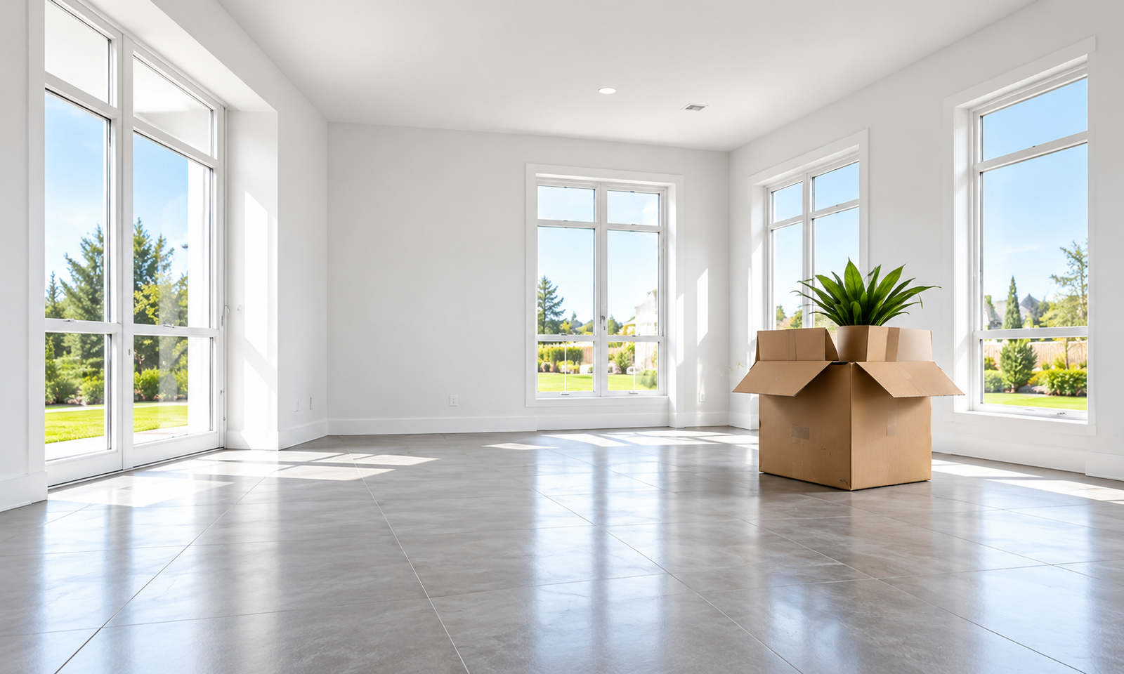 Bright, clean empty rental home with moving boxes