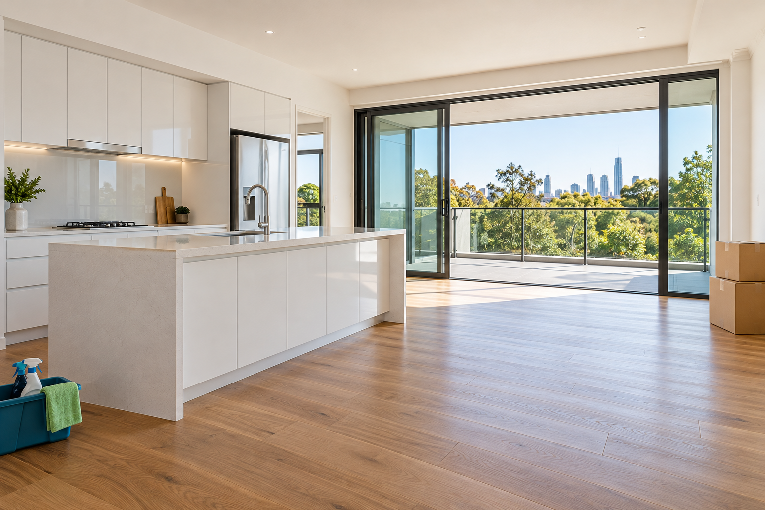 A clean empty apartment with kitchen, timber floor and packed moving boxes