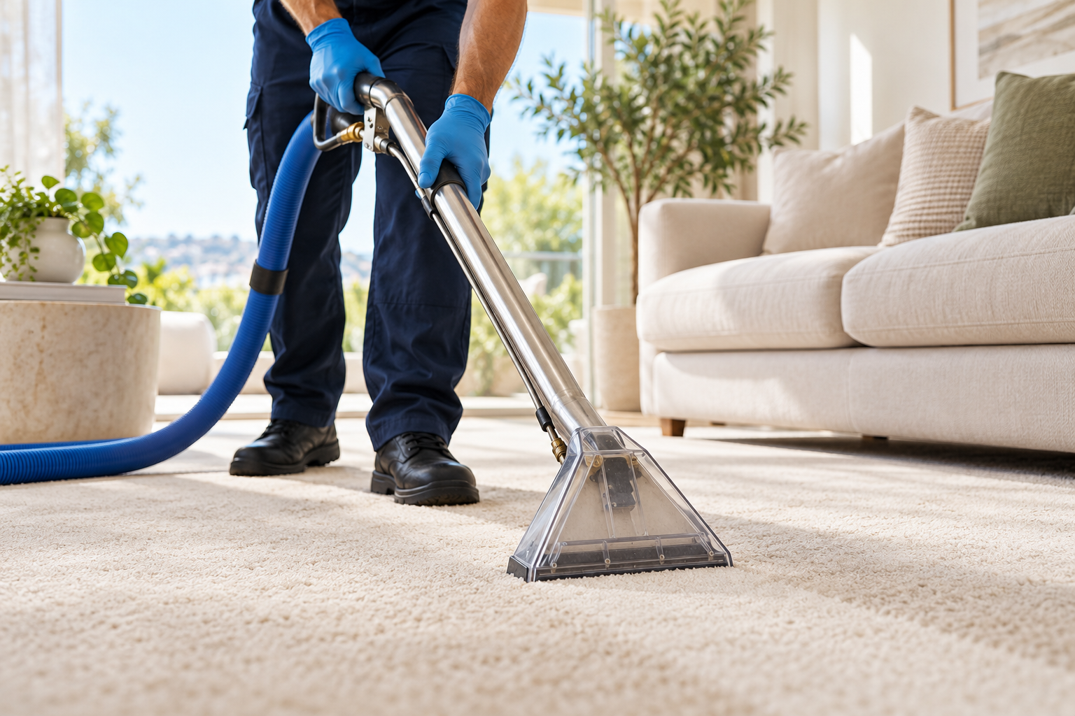 Professional extraction equipment cleaning a pale carpet beside a sofa